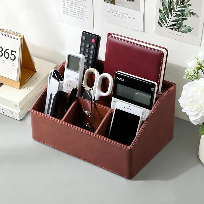 Remote Control Holder with 5 Compartments for Office Art Supplies, PU Leather Nightstand Organizer Pencil Pen Desk Caddy for Home, Desktop TV Remote Control Organizer Storage (Brown)