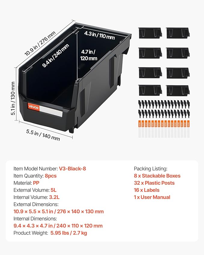 VEVOR Plastic Stackable Storage Bins, 10.9 x 5.5 x 5.1 inch (8 Pack), Plastic Containers for Organizing and Storage Bins for Closet, Garage, Small Parts, Office Supplies and Other Accessories, Black