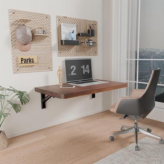 IAE Wall Mounted Folding Table with Pine Wood,24" x 14" Floating Wall Desk,Laundry Folding Table with Shelf Brackets,Fold Down Desk Shelf,Folding Workbench for Home,Dining,Laundry Room,Kitchen,Brown