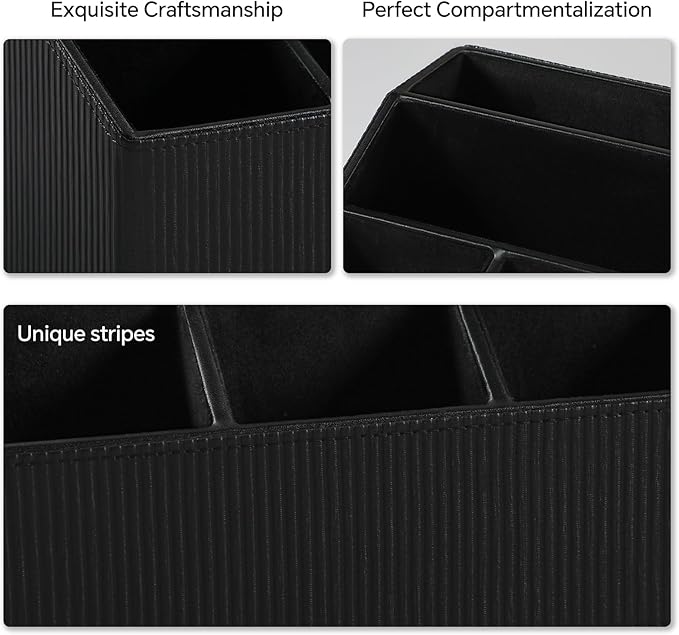 Remote Control Holder with 5 Compartments for Office Art Supplies, PU Leather Nightstand Organizer Pencil Pen Desk Caddy for Home, Desktop TV Remote Control Organizer Storage (Striped Black)