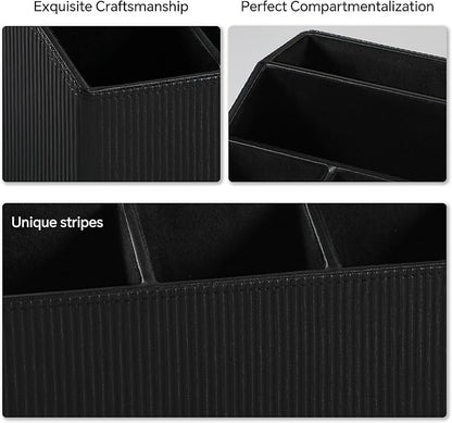 Remote Control Holder with 5 Compartments for Office Art Supplies, PU Leather Nightstand Organizer Pencil Pen Desk Caddy for Home, Desktop TV Remote Control Organizer Storage (Striped Black)