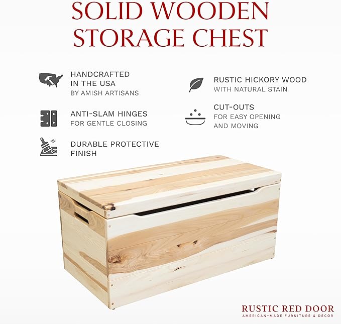 Amish Made Wooden Storage Chest Trunk Box with Lid and Handles for Bedroolanket, Clothes, Anti-Slam Hinges, Handmade, Rustic Hickory Wood, Natural Stain, 36"