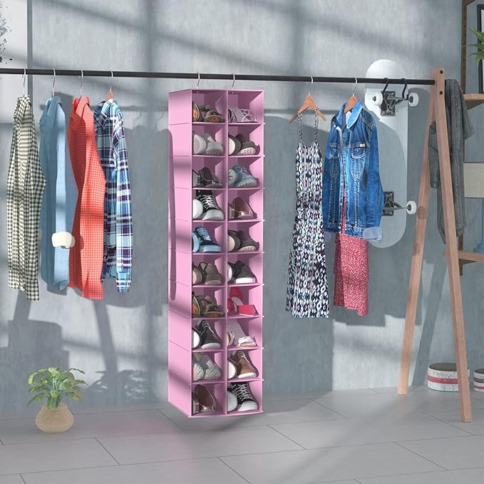 coastal rose Hanging Shoe Organizer for Closet, 20 Sections Hanging Closet Organizers and Storage Shelves, Space Saving Shoe Storage Rack Holder, Pink, 12''W×12''Dx 50''H