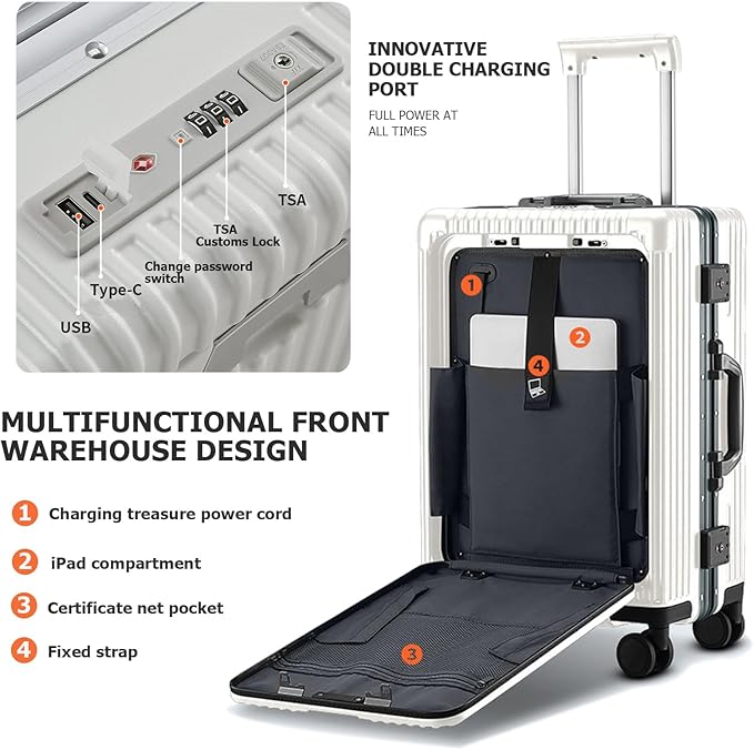 feilario 20in Aluminium Frame PC Hard Shell Spinner Wheels Luggage, Built-In TSA lock Carry on Suitcase, with Cup Holder, USB Port, Phone Holder