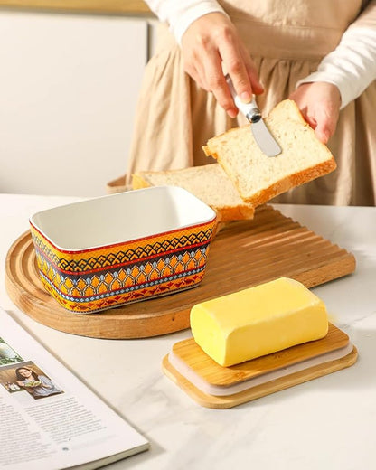 Hasense Bohemian Butter Dish, Farmhouse Ceramic Butter Dish with Lid for Fridge, Butter Container Holder with Cover or Fridge,Silicone Sealing, Holds Two Sticks of Butter, Yellow