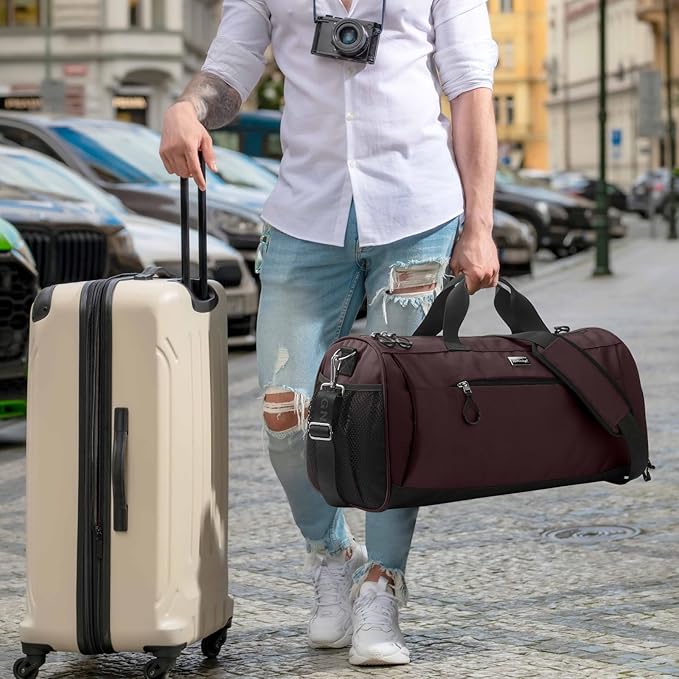 TOPDesign Gym Bag for Women & Men, Unisex Duffel Bag with Shoe Compartment & Wet Pocket for Travel Sports Gym (L Brown)