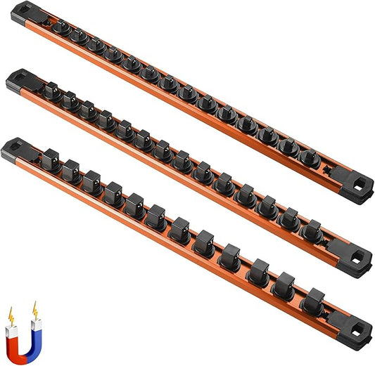 ALOANES 3-Piece Magnetic Rail Organizer, Heavy Duty Aluminum Rails, 360 Swivel Clips Socket Holder Kit for Tool Box, 1/2, 3/8, 1/4-Inch Socket Holder x 40 Clips (Orange)