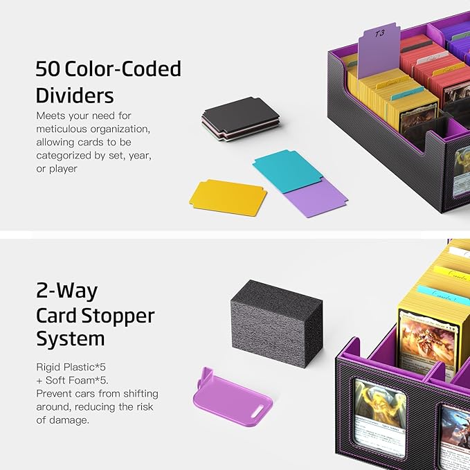 Trading Card Storage Box 5-Row 3900+ Capacity,TCG MTG Card Case with Magnetic Lid & Commander Display,Top Loader Storage for Sports Cards,Includes Dividers Dice Box（Black Purple）