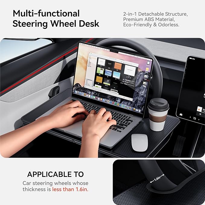 YONZEE 2-in-1 Car Steering Wheel Desk Tray & Car Seat Gap Filler Organizer – Foldable Carbon Fiber Look Table for Laptop, Eating Food, Writing – Universal Fit for Most Vehicles