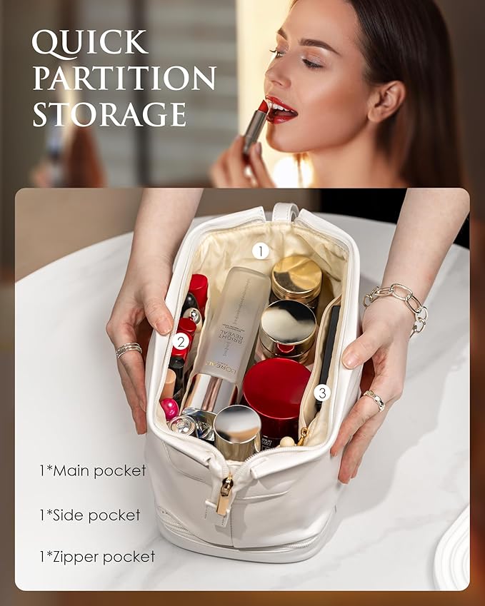 Gifts for Girls, Initial Large Makeup Bag, Personalized Double Layer Cosmetic Bag with Makeup Brush Organizer, PU Leather Travel Toiletry Bag Gift For Daughter, Preppy Things For Girls