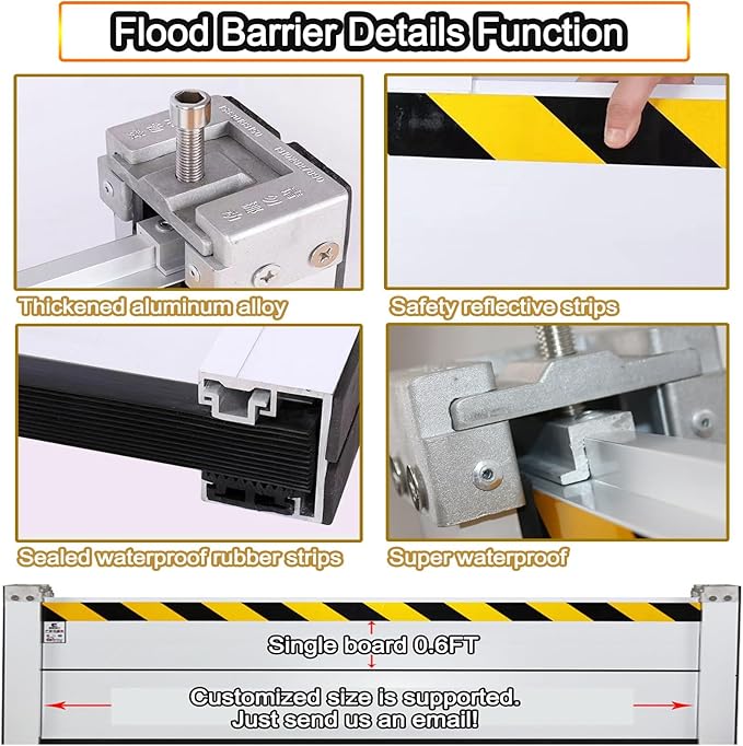 Reusable Flood Barrier, 3/4/5/6/7/8/9/10/11/12/13ft Long Heavy Duty Aluminum Water Barrier Shield for Sliding Glass Door/Driveway/Home Doorway, Removable Stopper Shield with Rubber(H 2.6ft