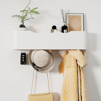 Coat Rack Wall Mount with Shelf 4 Hidden Hooks Modern Wooden Key Holder Entryway Organizer for Hallway Bedroom Bathroom Home Decor Storage for Hanging Coats Hats Bags Towels, Wave-Shape White