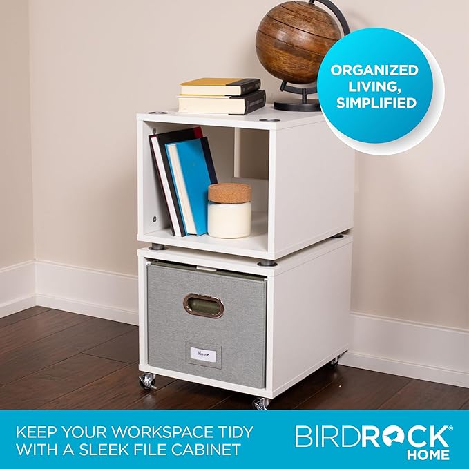BIRDROCK HOME Rolling File Cabinet – Decorative Storage Shelf w/Removable Bins, Handles, and Wheels – Organize Files, Books, Toys, Under Desk Office Solution, Modern Design - 2 Lateral Drawers, White