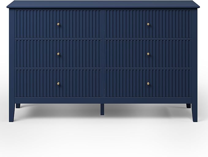RoyalCraft 6 Drawer Dresser, Fluted Modern Wood Chest of Drawers, Long Dresser for Bedroom TV Stand Storage Cabinet for Living Room, Blue