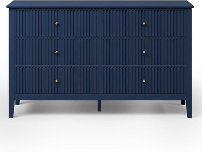 RoyalCraft 6 Drawer Dresser, Fluted Modern Wood Chest of Drawers, Long Dresser for Bedroom TV Stand Storage Cabinet for Living Room, Blue