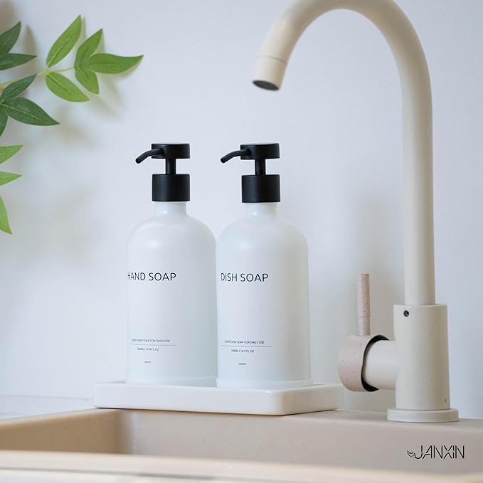 Glass Kitchen Soap Dispenser Set with Ceramic Tray,16.9 floz Hand and Dish Soap Dispenser for Kitchen and Bathroom Decor (White Bottles + Black Pumps)