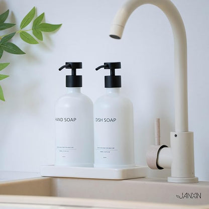 Glass Kitchen Soap Dispenser Set with Ceramic Tray,16.9 floz Hand and Dish Soap Dispenser for Kitchen and Bathroom Decor (White Bottles + Black Pumps)