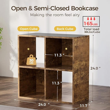 COMHOMA 4 Wood Cube Storage Organizer with Open Back and Removable Back Panels, 11In Brown Cube Storage Bookshelf, Cubicle Shelf Bookcase for Home Office Bedroom Living Room, Vertical or Horizontal