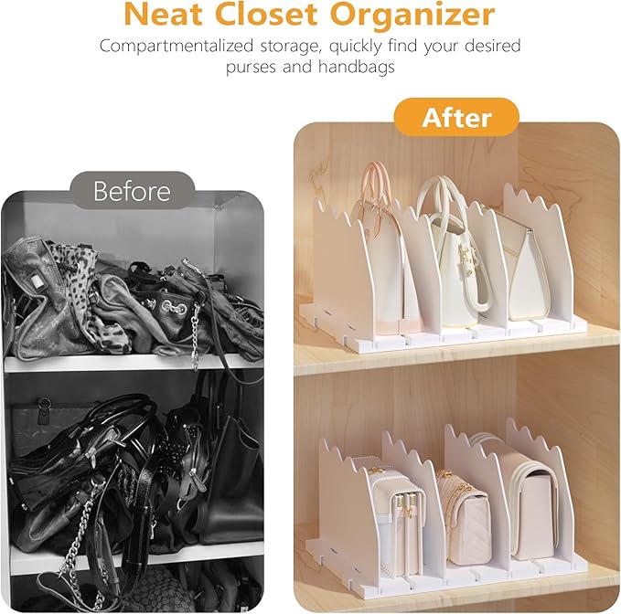 Ronlap Purse Storage Organizer for Closet, White Closet Bag Storage Dividers Rack Shelf Purse Dividers for Closet Organization Handbag Separators Closet Purse Organizers and Storage, 4 Pack, White