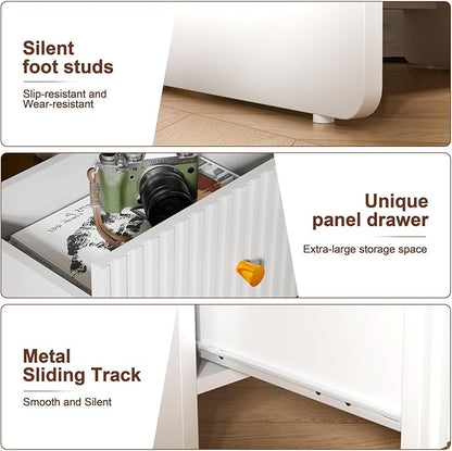 HIFYOBRO 21.6" Tall Fluted Nightstand Set, End Table with Charging Station and LED Light, Modern End Side Table with Drawer (White)