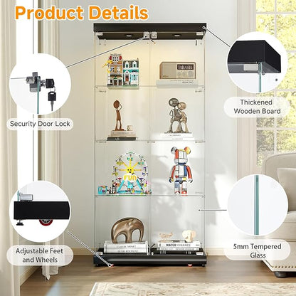 Tempered Glass Display Cabinet with Lights, 4-Tier Curio Cabinet with Glass Doors Wheels Two Locks, Glass Display Case for Collectibles for Living Room, Bedroom, Office, Black, Double Door