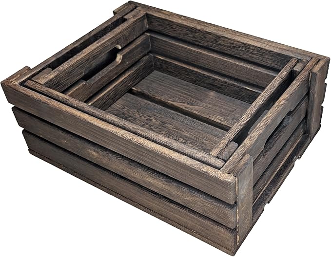 ARTAWEIN Rustic Vintage Finished Wooden Crate with Handles - Nesting Storage, Display, Organization Crate for Party, Office, Bedroom, Kitchen and Closet (Rustic Black set of 2)