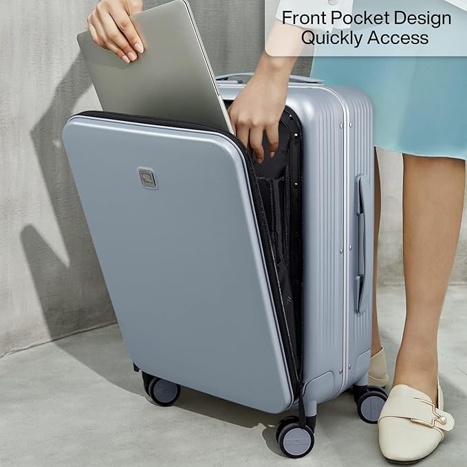 Hanke Grace Hard Shell Suitcases with Wheels,20 Inch Carry On Luggage Airline Approved with Aluminum Frame, Travel suitcase with Front Pocket Travel Luggage for Short Business Trips, Grey.