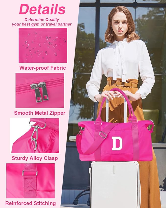 Overnight Bag for Kids Teen Girls Weekender Dance Bag Birthday Graduation Gifts,Initial Travel Duffel Bag Sports Gym Bag Personalized Weekender Bag Carry On Bags Preppy Gifts for Women(Hot Pink, D)