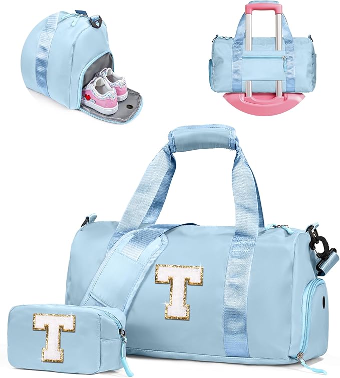 Easter Gifts for Teens Girls-Girl Gym Bag with Shoe Compartment, Kid Personalized Weekender Overnight Bags, Initial Travel Tote with Makeup Pouch, Gift for 3 4 5 6 7 Year Old Kids (Letter T)