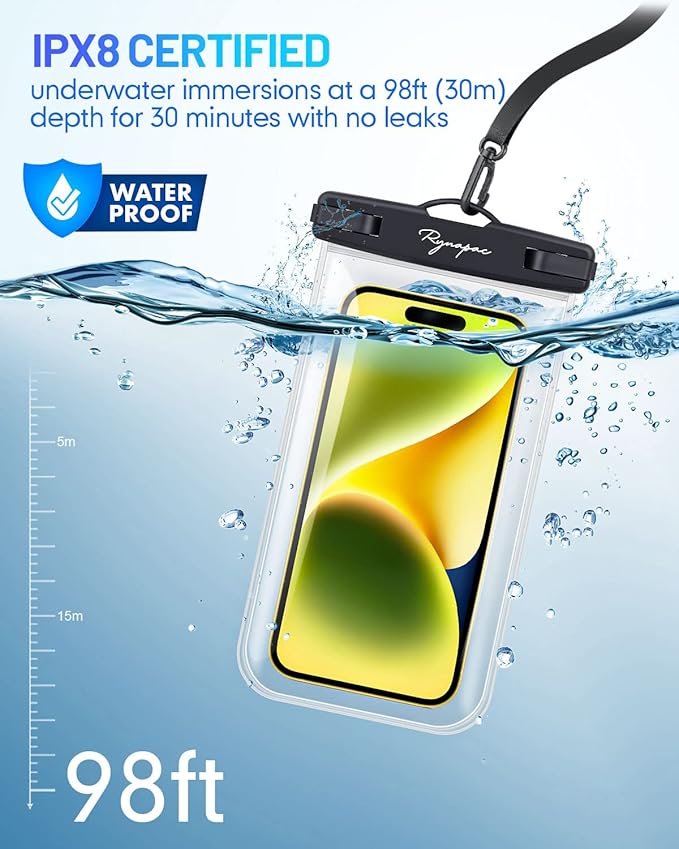 Waterproof Phone Pouch Bag - 7.5in Water Proof Cell Phone Case for Beach Travel Must Haves, Waterproof Phone Holder with Lanyard for iPhone 16 15 14 Pro Max Galaxy S24+ Pixel 8 Pro, Cruise Essentials