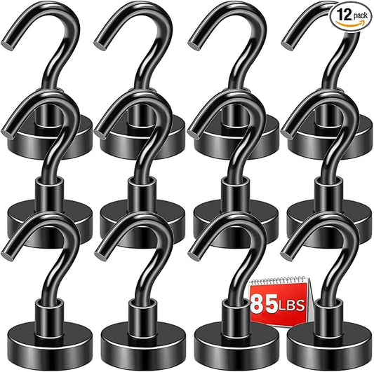 DIYMAG Magnetic Hooks Black 85 LB Heavy Duty Strong Magnet with Hook Rare Earth Neodymium Magnets for Hanging Magnetics Hanger for Curtain Home Kitchen Workplace 12 Packs