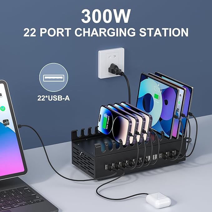 300W USB Charging Station, ALI SEA 22 Port USB Fast Charging Station for Multiple Devices, Multi Charger Station Organizer Compatible with Cellphone, Tablet, Kindle, iPad and More