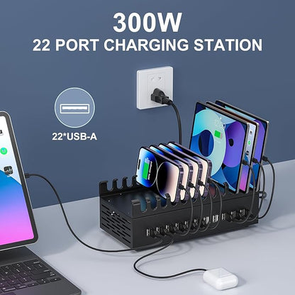 300W USB Charging Station, ALI SEA 22 Port USB Fast Charging Station for Multiple Devices, Multi Charger Station Organizer Compatible with Cellphone, Tablet, Kindle, iPad and More