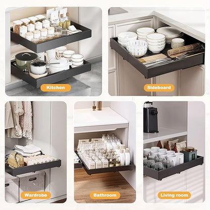 1 Pack Pull Out Cabinet Drawer, Width (11.4"-18.9") & Depth (16.3"-21.6") Expandable Slide Out Cabinet Organizer with Nano Film, No Drill Storage Shelves for Kitchen, Pantry, Bathroom (Black)