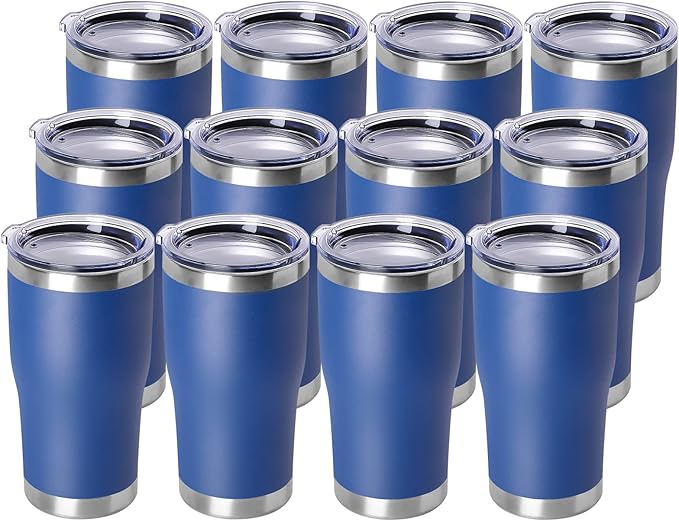 DOMICARE 20oz Stainless Steel Tumblers with Lid, Powder Coated Tumbler, Double Wall Vacuum Insulated Coffee Travel Mug(Dark Blue, 12)