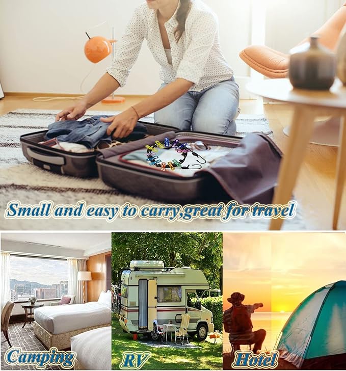 1 Pack Portable Clothesline with 12 Clothespins, Windproof Travel Clothesline Stretchy Retractable Elastic Laundry Clothes Line for Backyard, Vacation Hotel, Balcony Clothes Drying Line (Color)