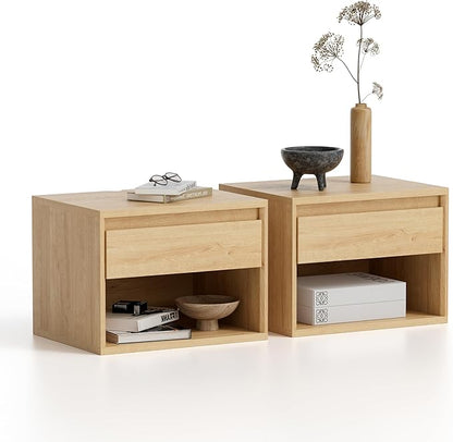 Floating Nightstands Set of 2, Mid Century Modern End Table with Drawer and Open Compartment Wall Mounted Wooden Bedside Night Stand Small Storage Cabinet for Bedroom, Natural Oak