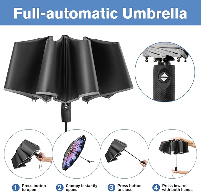 G4Free 42 Inch Eco Windproof Folding Umbrella for Rain & Sun 9 Ribs Wind Resistant Strong Fiberglass Double Canopy with Reflective Strip for Women Men Auto Open Close For Car & Backpack