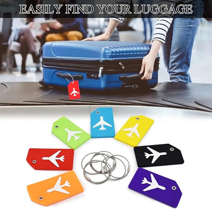 7 Pack Silicone Luggage Tag Baggage Handbag Travel Bag Tags with Name ID Card Perfect to Quickly Spot Luggage Suitcases (Black)