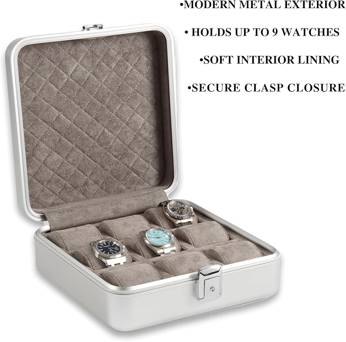 Bey-Berk Personalized Prague Aluminum 9-Slot Watch Case (Silver), Locking Travel Metal Watch Box with Quilted Interior, 9.75" x 3" x 10.25"