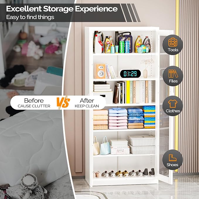 VINGLI Lockable Display Cabinet with Glass Doors & 5 Adjustable Shelves, 71" Tall White Metal Storage Cabinet Curio Liquor, Bookshelf Bookcase for Home Office Living Room Pantry Garage