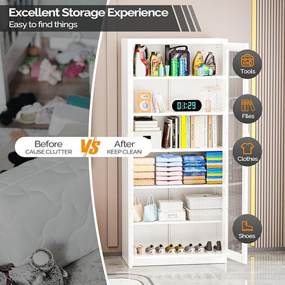 VINGLI Lockable Display Cabinet with Glass Doors & 5 Adjustable Shelves, 71" Tall White Metal Storage Cabinet Curio Liquor, Bookshelf Bookcase for Home Office Living Room Pantry Garage