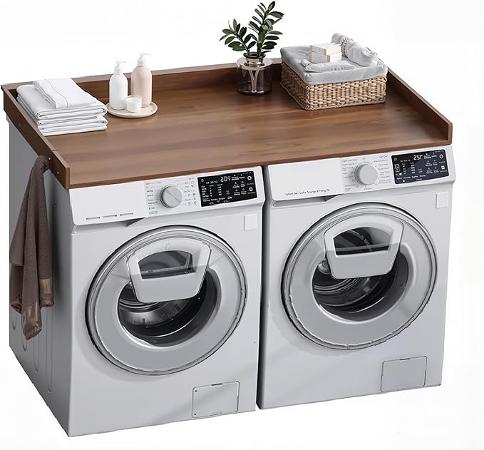 Washer Dryer Countertop, Wood Countertop with Edge Rails for Laundry Room Organization and Storage, Washer Dryer Topper for Laundry Room, 27.5" x 54" (Walnut Wood)