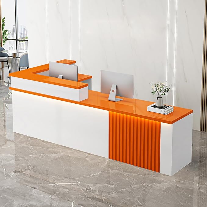 Receptionist Desk with LED Light，Wooden Salon Checkout Counter with Storage Drawer & Keyboard Tray Modern L-Shaped Reception Desk for Barbershop Office Company Store