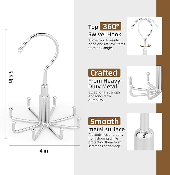 ZEDODIER Tie Hanger for Closet, 2 Pack Rotatable Tie Organizer for Men with 8 Hooks, Heavy Duty Space Saving Tie Rack for Ties and Belts, Silver