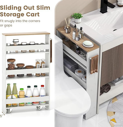 MAT EXPERT Slim Rolling Storage Cart, 4-Tier Freestanding Slim Storage Cart with Wheels 360 Degree & Metal Handle, Wooden Utility Cart for Narrow Kitchen, Laundry Room, Bathroom (White + Natural)