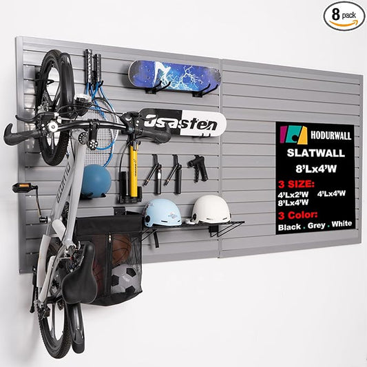 Slatwall Panels Garage Slat Wall Storage Systems 4'x 8', Slat Wall Paneling Garage Wall Organizer, Grey Slat Board PVC Wall Panels Slatwall Displays Garage Tool Organizer Wall Mount Ladder Bike Rack