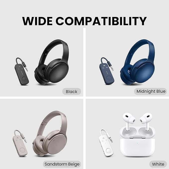 Avantree Relay - Airplane Bluetooth 5.3 Adapter with Qualcomm aptX Adaptive, Supports 2 AirPods or Headphones, 20Hr Playtime, 3.5mm AUX Wireless Audio Transmitter for Travel Flight, Airline, Gym