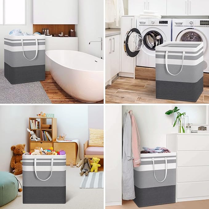 HomeHacks 2 Pack Large Laundry Baskets, Waterproof, Freestanding Laundry Hampers, Collapsible Clothes Hamper with Reinforced Handles in Laundry, College Dorm, Bathroom, Bedroom (Grey+Blue, 125Lx2)