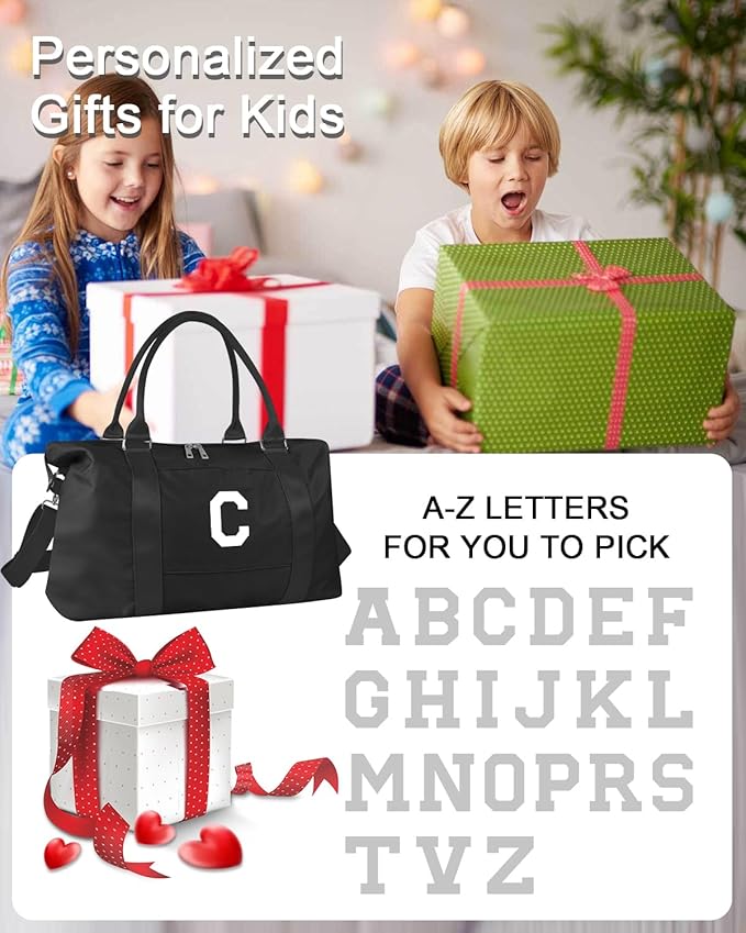 Initial Travel Duffel Bag Sports Gym Bag for Boys Teen Birthday Gifts,Black Personalized Weekender Bag Carry On Tote Bags for Men,Waterproof Overnight Luggage Bag Airplane Travel Essentials(Letter C)